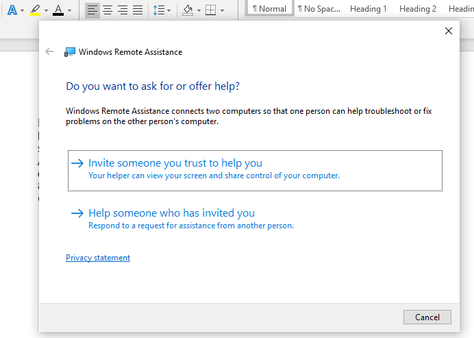How to send a Remote Assistance Invitation: Help options
